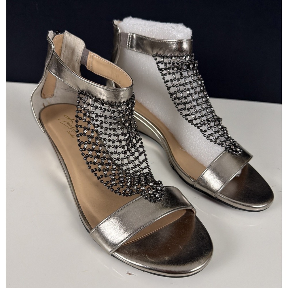 Thalia Sodi Tibby Rhinestone Wedge Sandals Metallic Pewter Silver Mesh 8M NWOB
